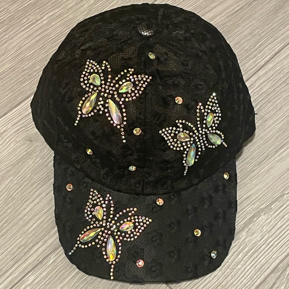 Black Cap with Rhinestone Butterflies